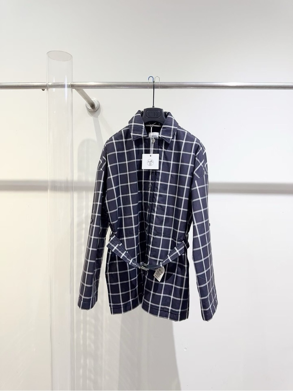 Hermes Navy and White Windowpane Belted Trench Coat